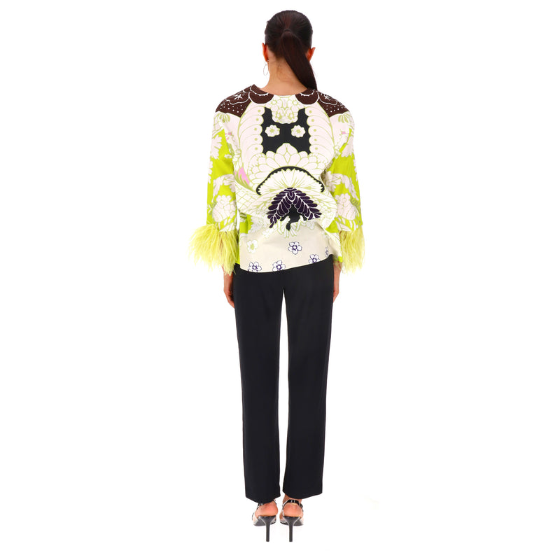 Valentino Printed Cotton Top With Feather Trimmed Sleeves. Size 38IT