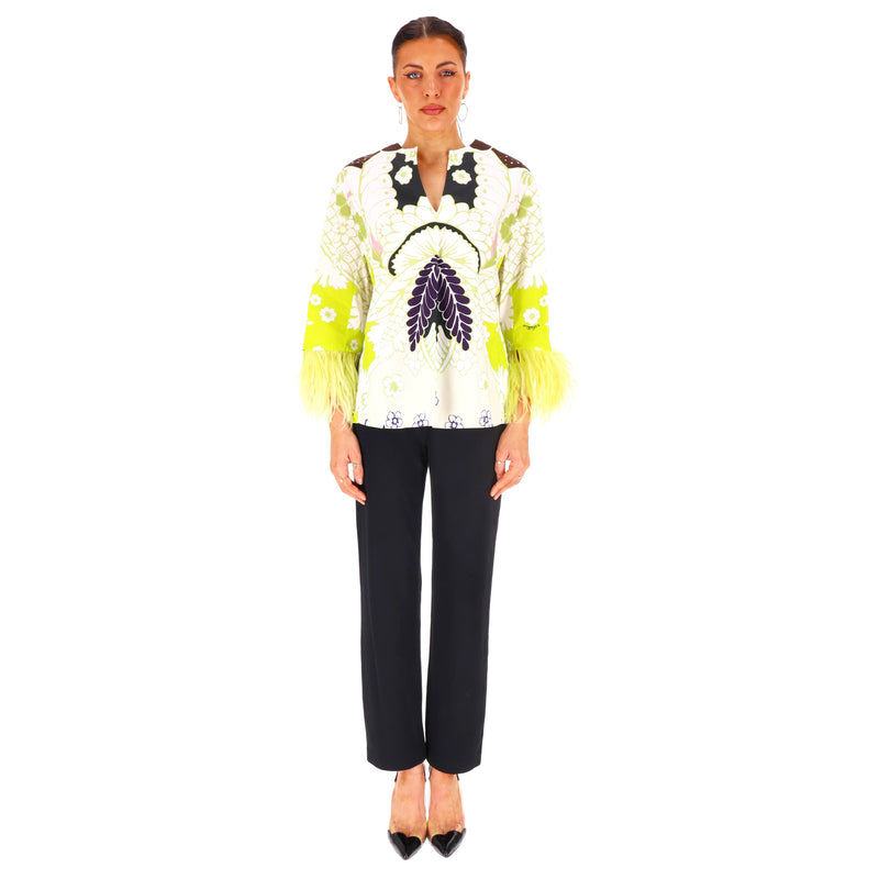Valentino Printed Cotton Top With Feather Trimmed Sleeves. Size 38IT