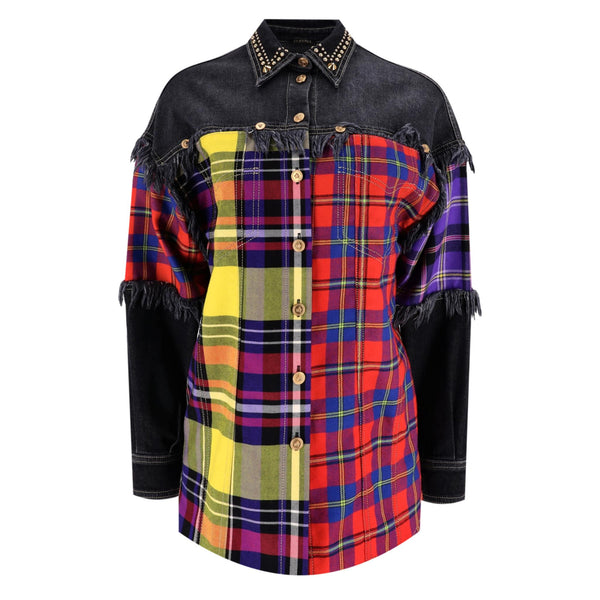 Versace Embellished Denim Jacket With Plaid Check Panels. Size 42IT