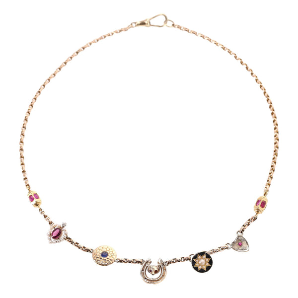 Vintage - Victorian Multi Charm Necklace 15ct Gold With Rubies, Sapphires & Pearls