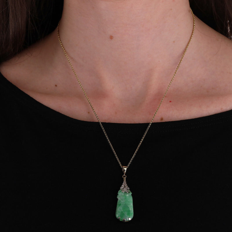 Vintage Jadeite & Diamond Platinum Pendant On A Gold Chain