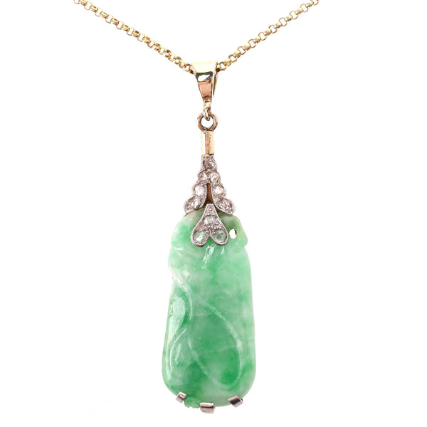 Vintage Jadeite & Diamond Platinum Pendant On A Gold Chain