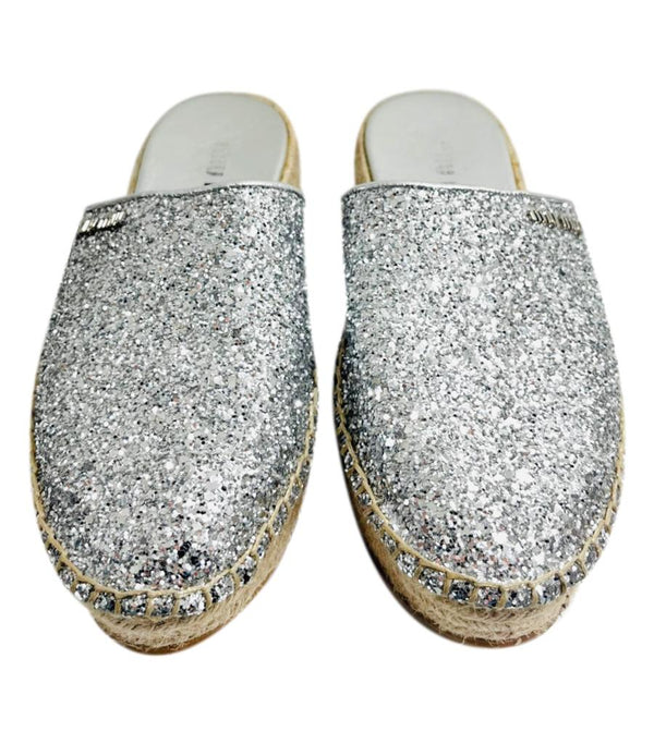 Miu Miu Glitter & Leather Logo Espadrilles. Size 38.5