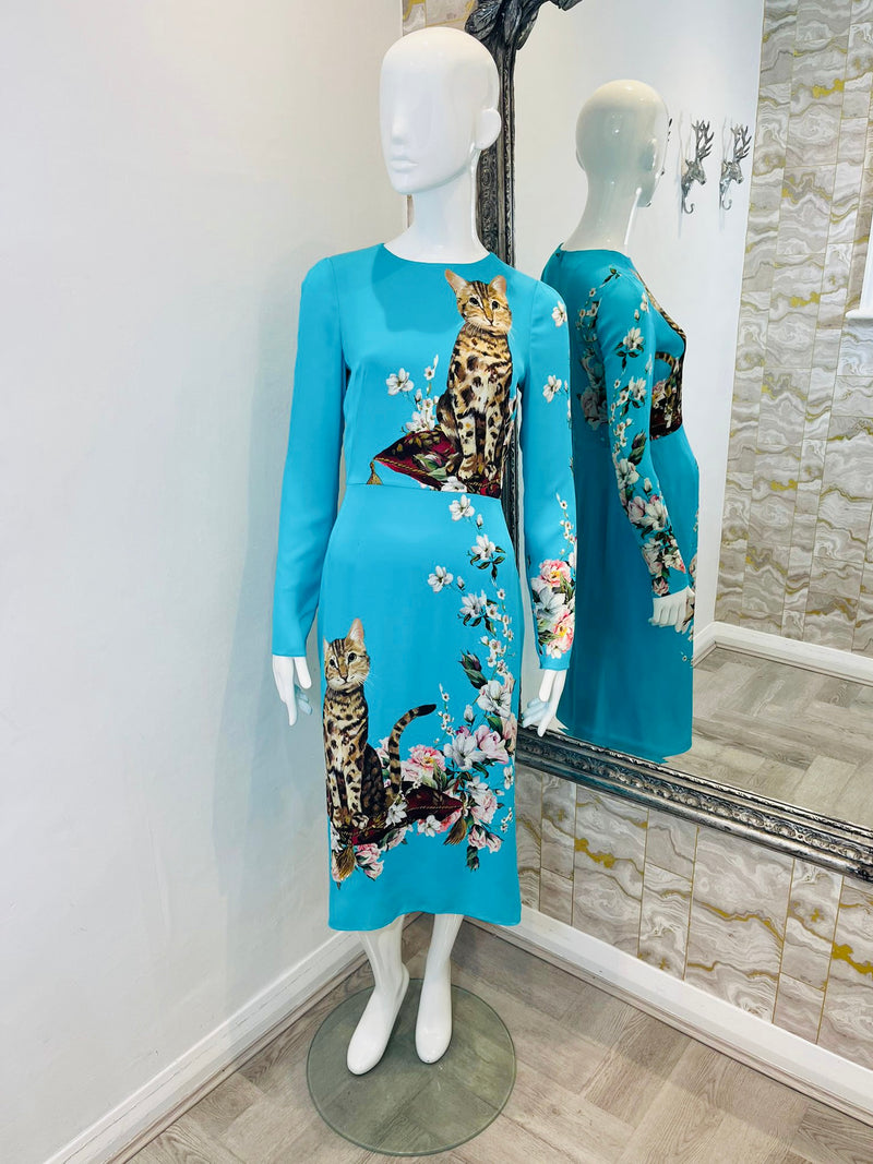 Dolce & Gabbana Silk Cat Print Dress. Size 44IT