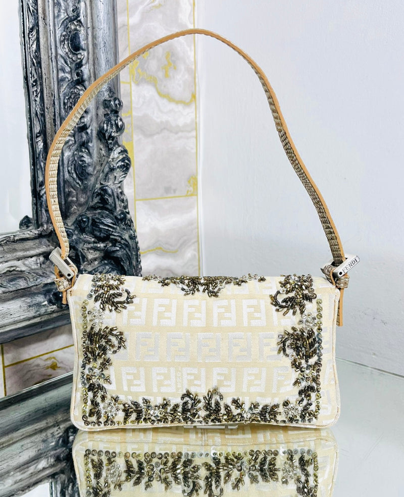 Fendi Bead Embroidered Canvas & Snakeskin 'FF' Logo Baguette Bag