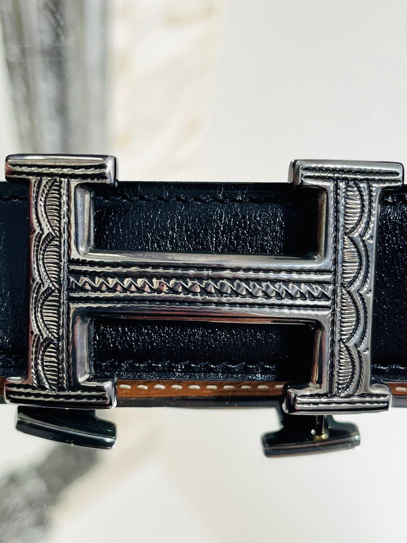 Hermes  Sterling Silver Touareg Buckle & Leather Belt Set