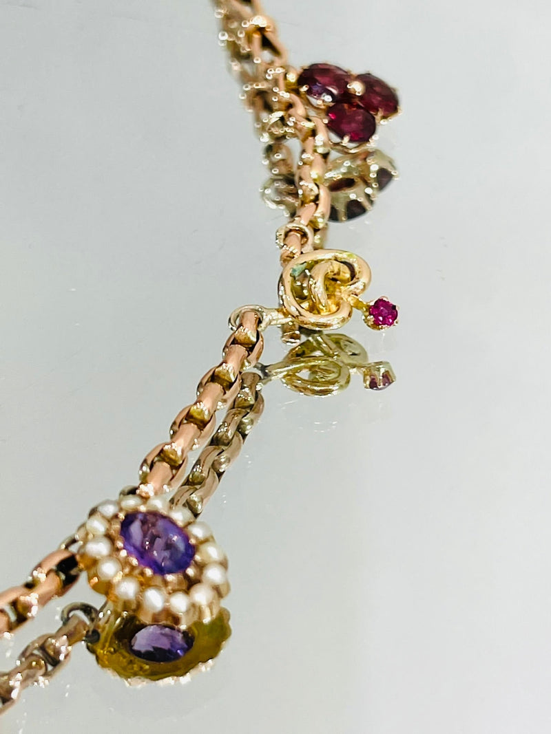Victorian 15ct Rose Gold, Diamond, Ruby, Amethyst Charm Necklace