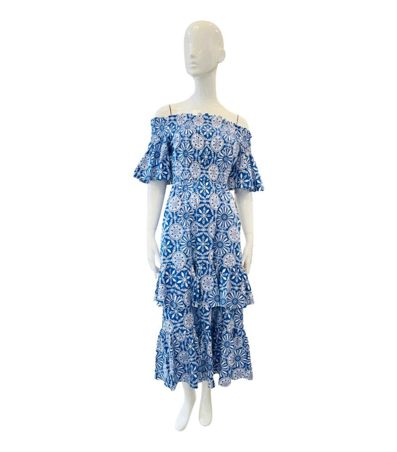 Borgo De Nor Off-Shoulder Tiered Cotton Dress. Size 8
