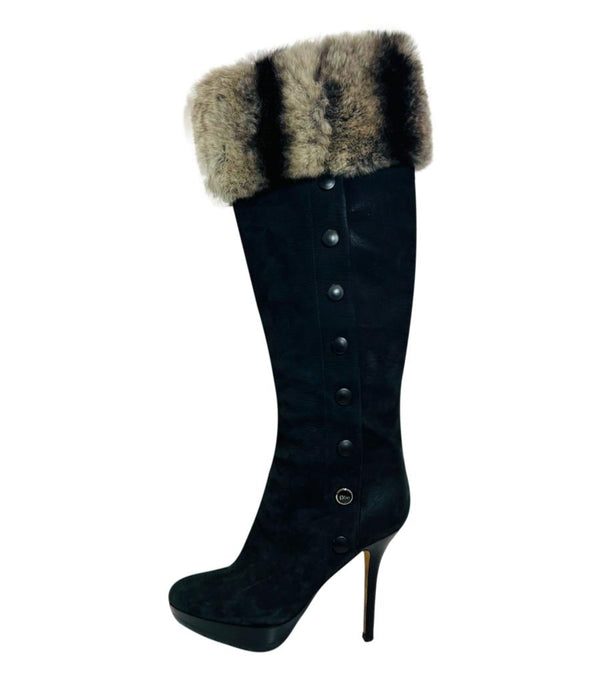 Dior Nubuck Leather & Rex Rabbit Fur Trimmed Knee-High Boots. Size 37