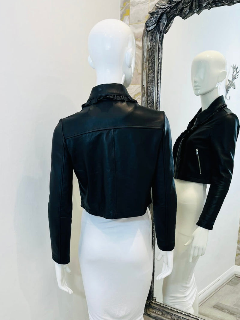 Maje Cropped Ruffled Leather Biker Jacket. Size 38FR