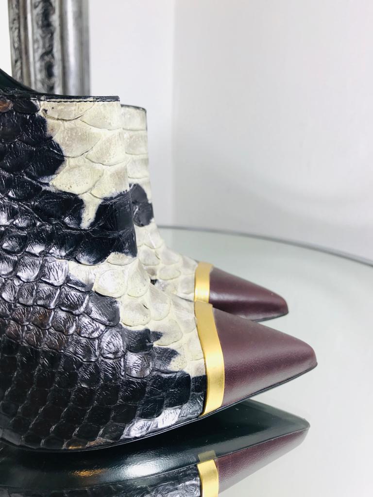Saint Laurent White And Black Patches Python Ankle Booties Gold Strip Front Pointed Toes Burgundy Size 37.5  Shush London St Johns Wood London Buy Sell Consign Preloved Authentic Luxury Designer Ladies Shoes