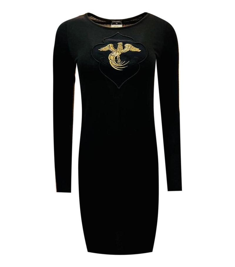 Chanel Cashmere Dress with 'CC' Logo & Embroidered Phoenix. Size 36FR