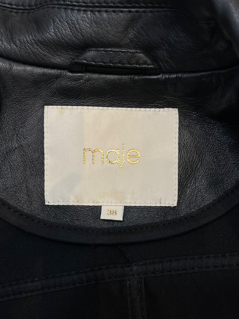 Maje Cropped Ruffled Leather Biker Jacket. Size 38FR