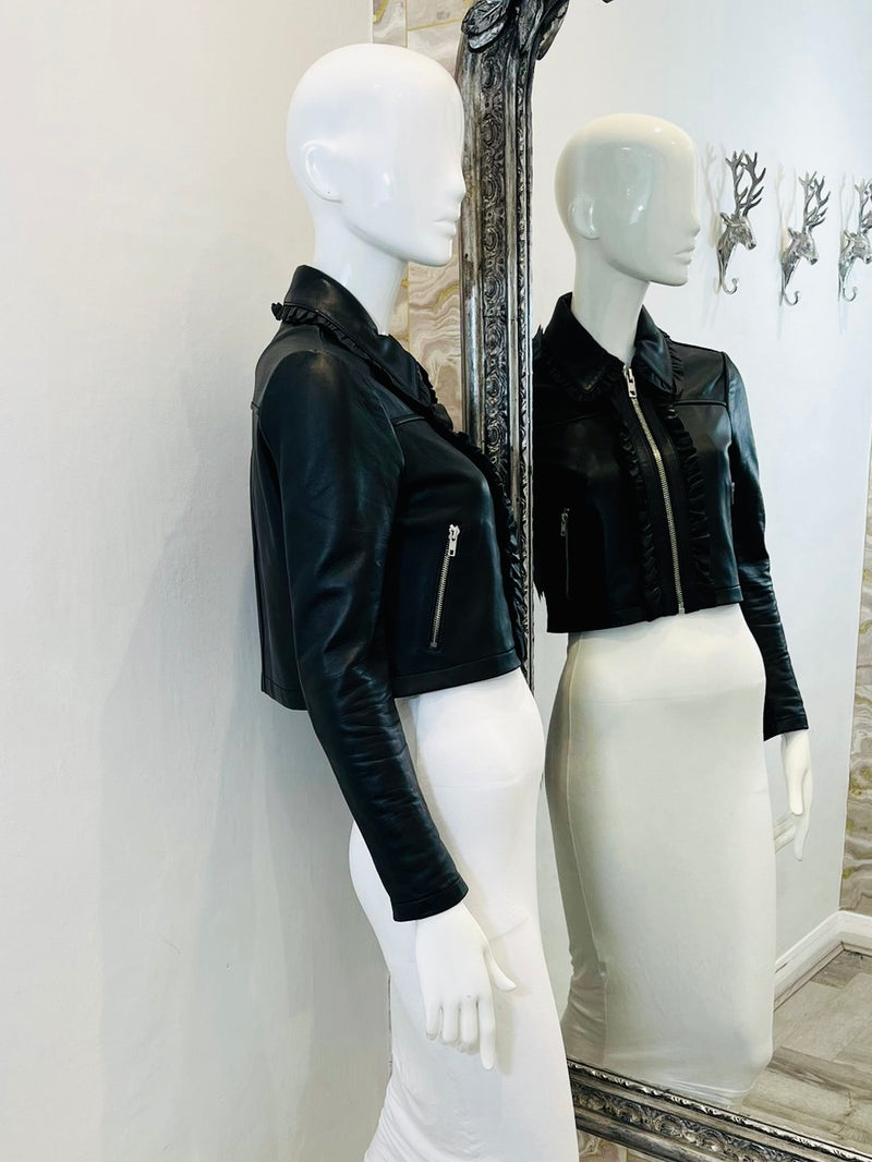 Maje Cropped Ruffled Leather Biker Jacket. Size 38FR