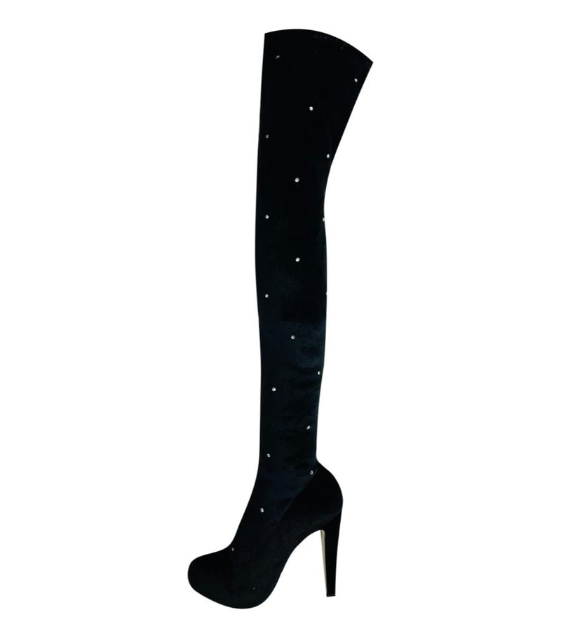 Charlotte Olympia Velvet Crystal Embellished Over-The-Knee Boots. Size 38.5
