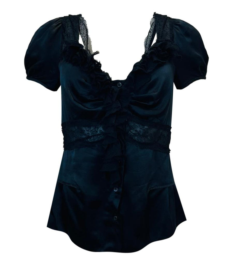Prada Ruffle & Lace Detailed Silk Top. Size 42IT