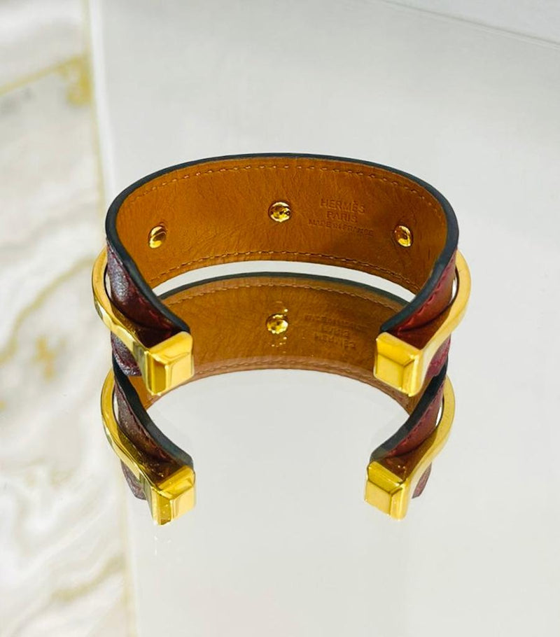 Hermes Open Cuff In Leather & Gold Plate