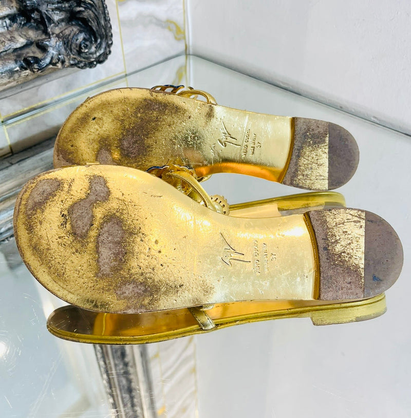 Giuseppe Zanotti Metallic Leather Embellished Sandals. Size 37