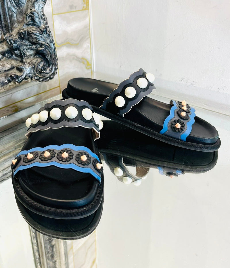 Fendi Pearl Embellished Leather Slides. Size 36