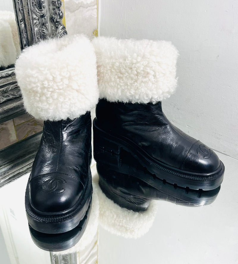 Chanel 'CC' Logo Lambskin & Shearing Ankle Boots. Size 36