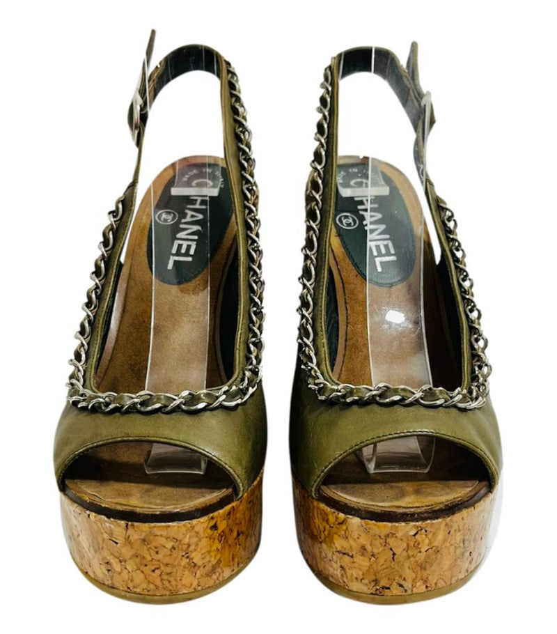 Chanel Chain CC Logo Leather Cork Wedges. Size  36