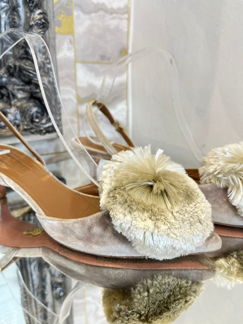 Aquazurra Velvet Pom Pom Slingback Kitten Heels. Size 37.5