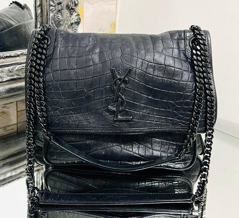 YSL - Saint Laurent Croc Embossed Leather Flap Bag