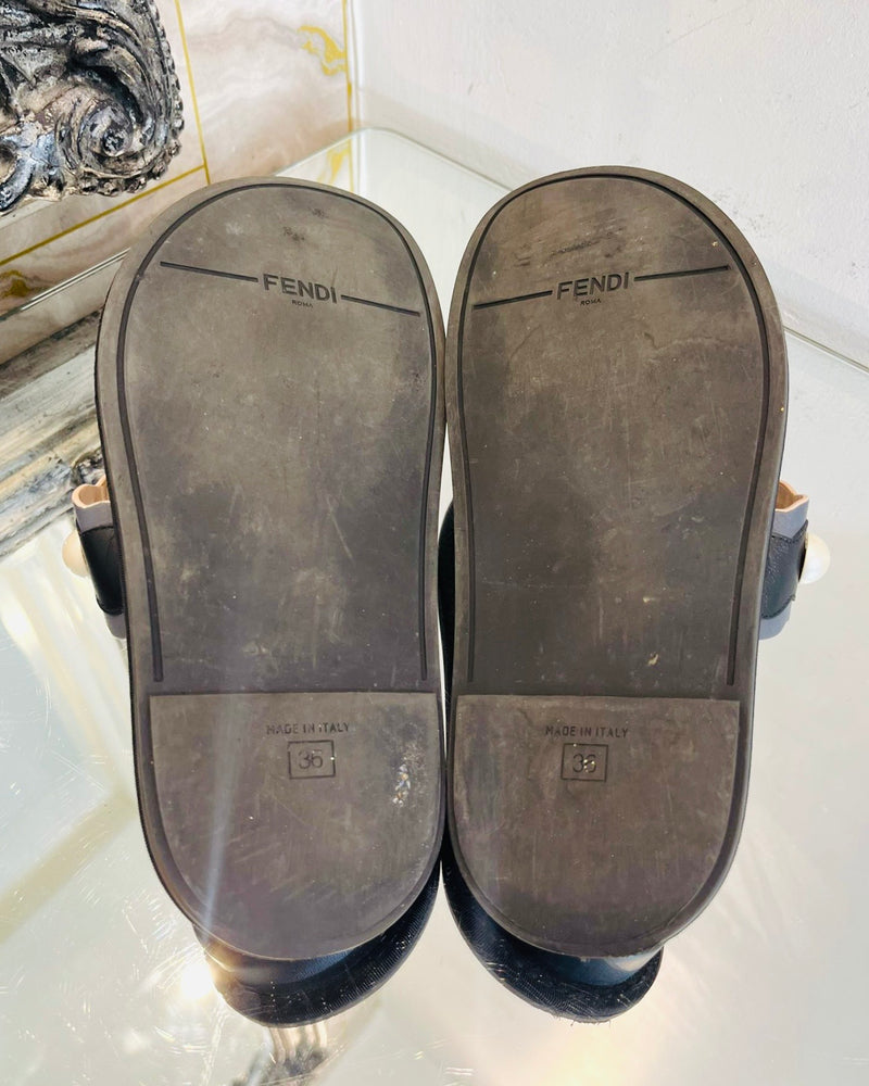 Fendi Pearl Embellished Leather Slides. Size 36