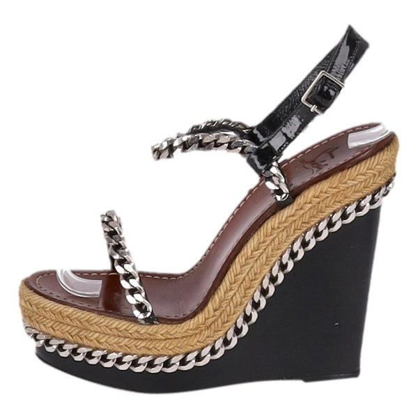 Christian Louboutin Chain Detail Raffia Trim Wedge Sandals. Size 37
