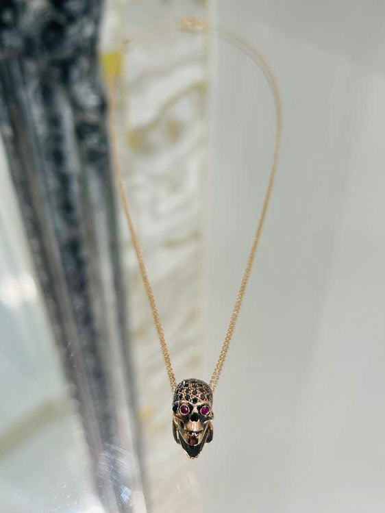 Cesare Bizotto Black Diamond & Ruby Skull 18k Gold Necklace