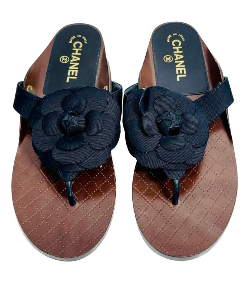 Chanel Cloth & Leather Camellia Flower Thong Sandals. Size 41