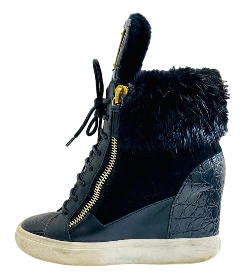 Giuseppe Zanotti Leather Fur Wedge Sneakers. Size 36.5 Shush