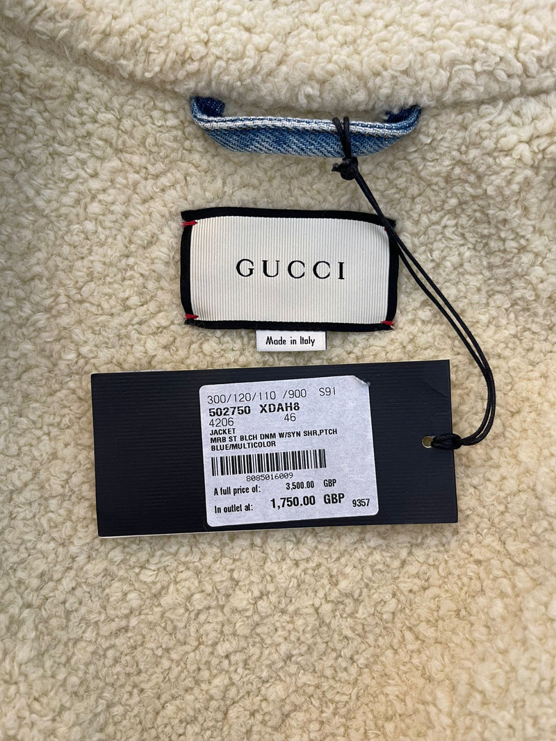 Gucci Crystal Embellished Shearling/Denim Jacket. Size 46IT