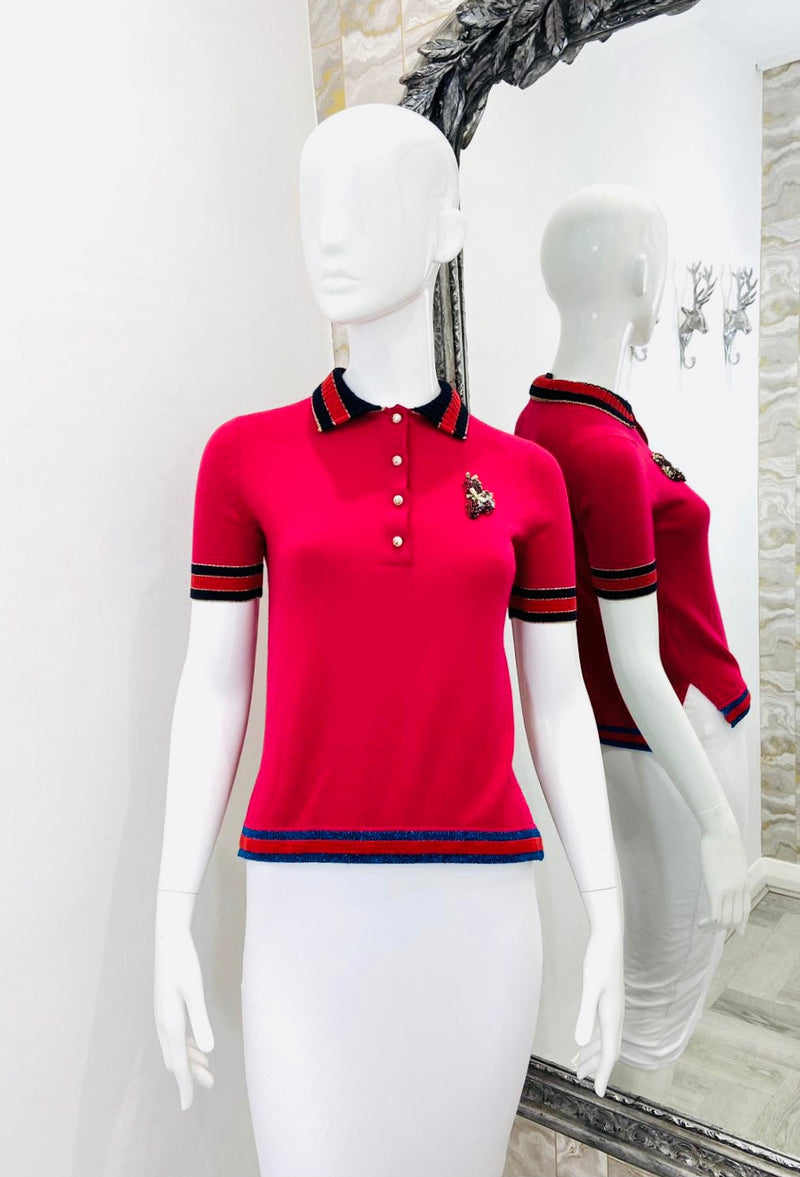 Gucci Wool Polo Top With Crystal Strawberries. Size S