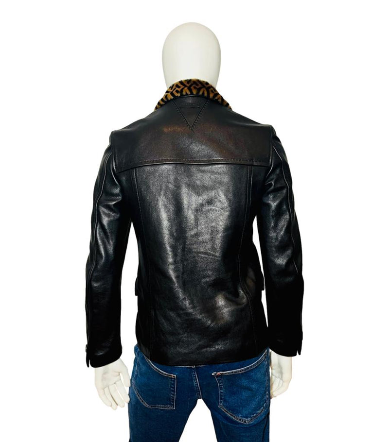 Versace Leather Jacket With Greca Fur Collar. Size 46IT