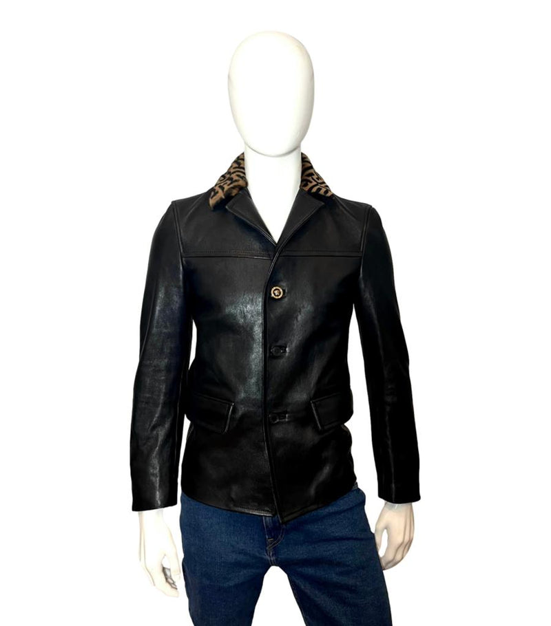 Versace Leather Jacket With Greca Fur Collar. Size 46IT