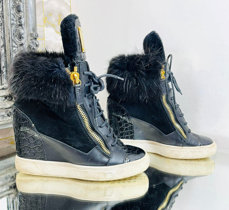 Giuseppe Zanotti Leather & Fur Wedge Sneakers. Size 36.5