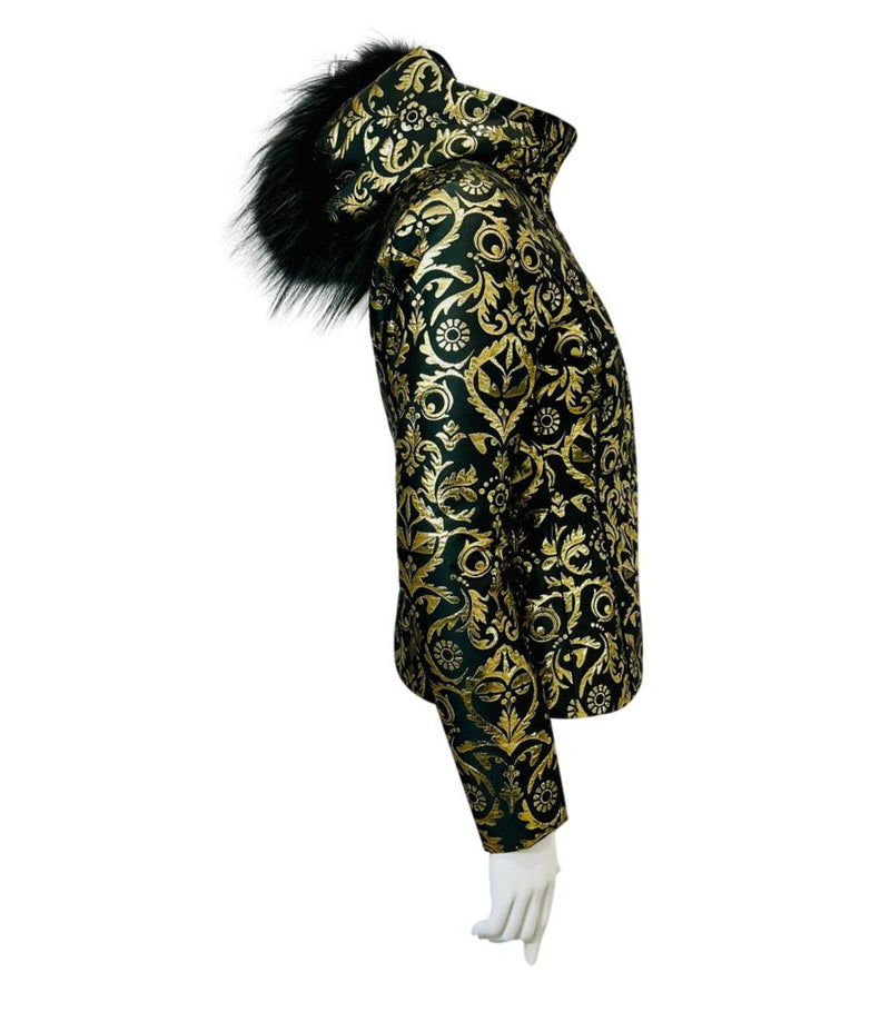 Fendi Goose Down, Brocade & Fox Fur Trim Coat. Size 40IT