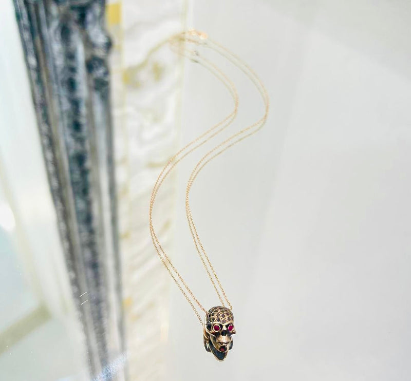 Cesare Bizotto Black Diamond & Ruby Skull 18k Gold Necklace