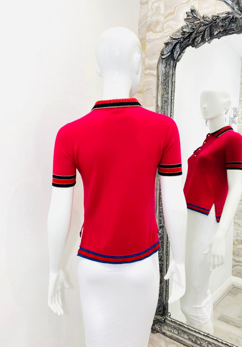 Gucci Wool Polo Top With Crystal Strawberries. Size S