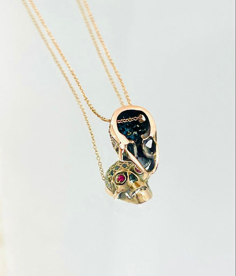 Cesare Bizotto Black Diamond & Ruby Skull 18k Gold Necklace