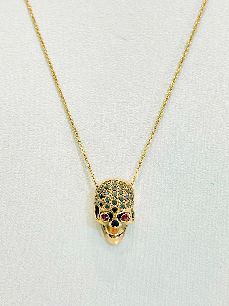 Cesare Bizotto Black Diamond & Ruby Skull 18k Gold Necklace