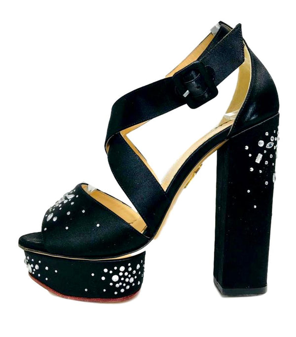 Charlotte Olympia "Enda" Platform Heels Black Satin Silk Rhinestone Crystal Details Size 39 Shush At The Wellington St Johns Wood London Buy Sell Consign Preloved Authentic Luxury Designer Ladies Shoes