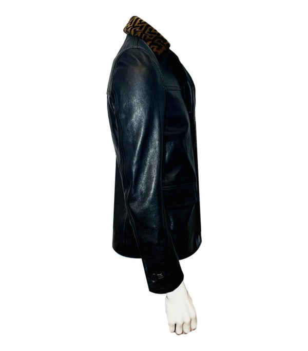 Versace Leather Jacket With Greca Fur Collar. Size 46IT