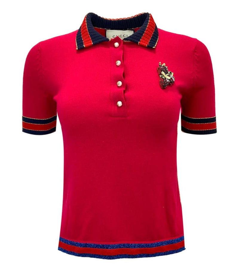 Gucci Wool Polo Top With Crystal Strawberries. Size S