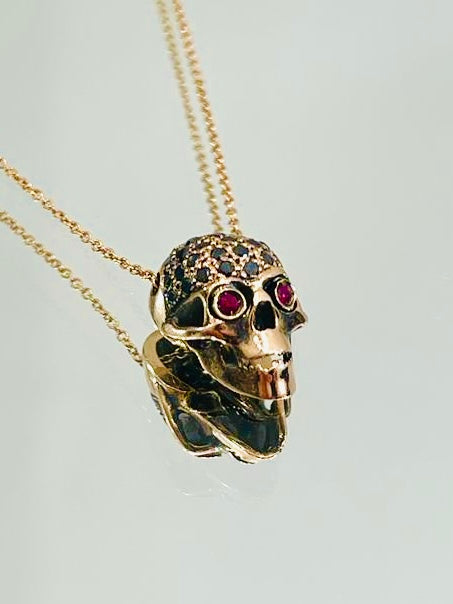 Cesare Bizotto Black Diamond & Ruby Skull 18k Gold Necklace