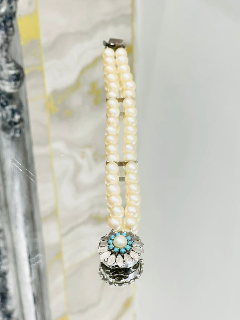 18k White Gold, Fresh Water Pearl & Turquoise Bracelet