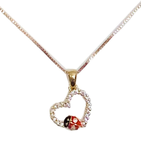 Diamond Heart & Enamel Lady Bug Pendant With Chain