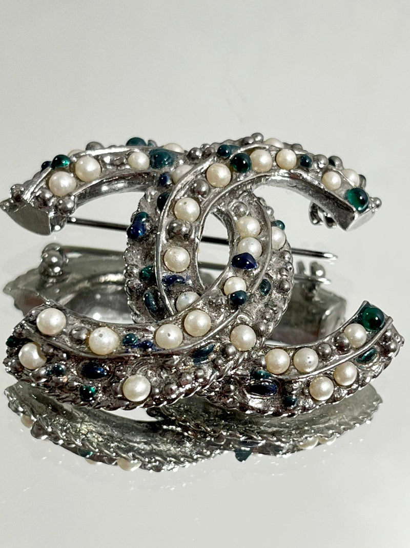 Chanel 'CC' Logo Pearl & Cabochon Brooch