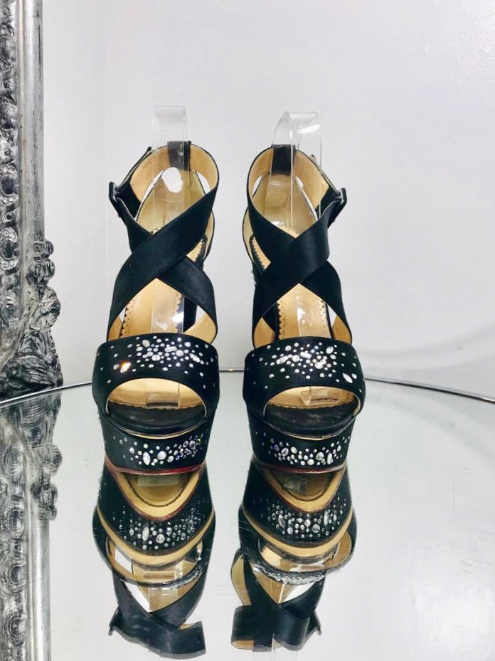 Charlotte Olympia "Enda" Platform Heels Black Satin Silk Rhinestone Crystal Details Size 39 Shush At The Wellington St Johns Wood London Buy Sell Consign Preloved Authentic Luxury Designer Ladies Shoes